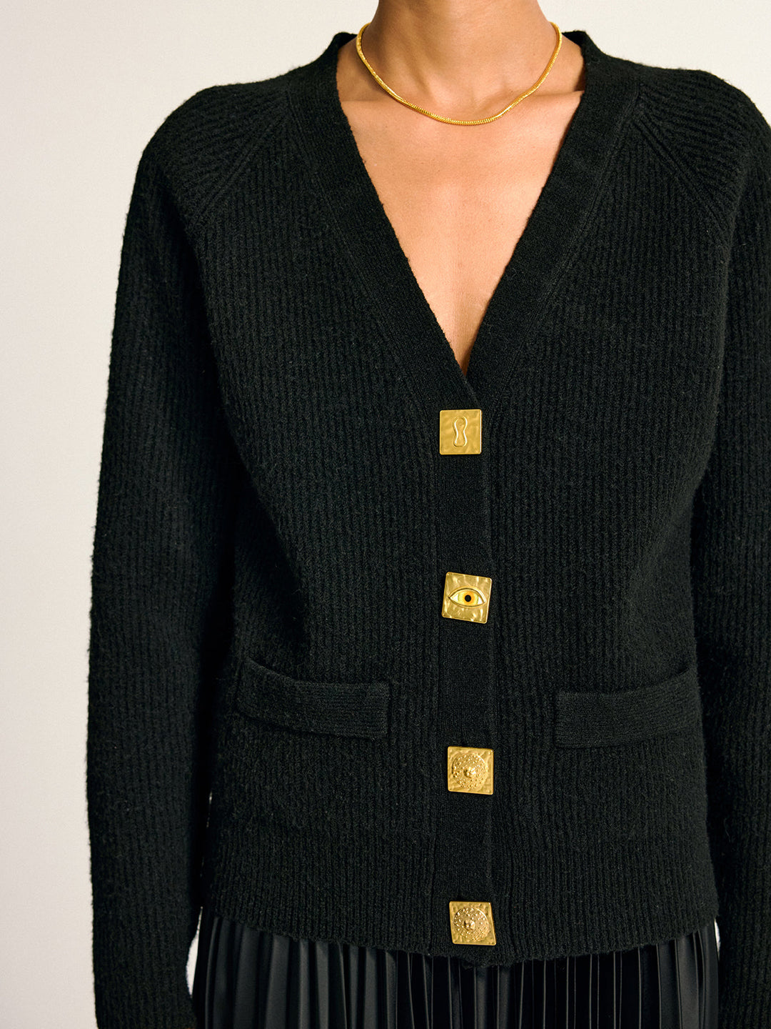 Metal Button V-Neck Wool Blend Cardigan  Liora Lane Boutique Cardigans