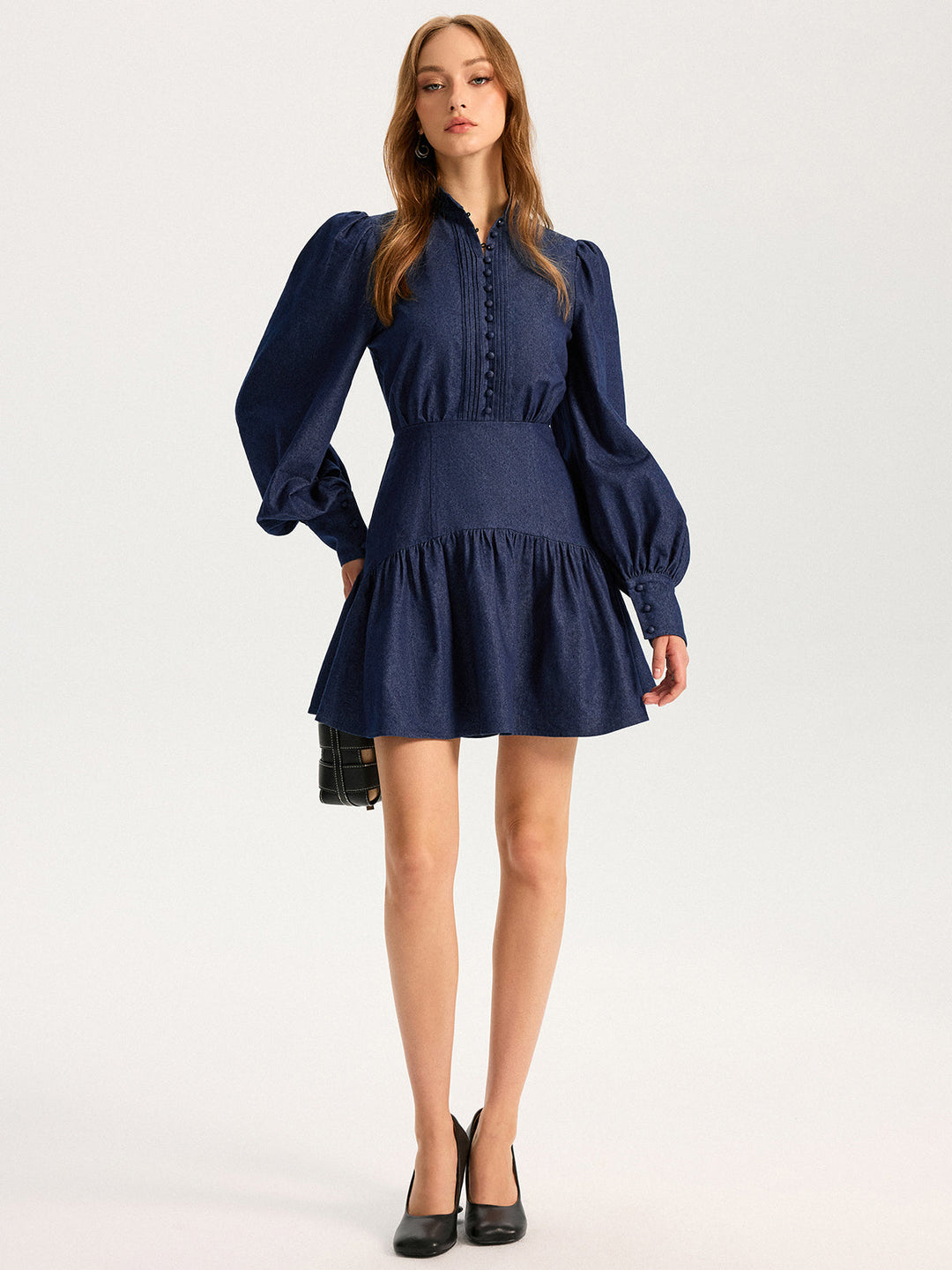 Denim Stand Collar Puff Sleeve Mini Dress  Liora Lane Boutique Dresses