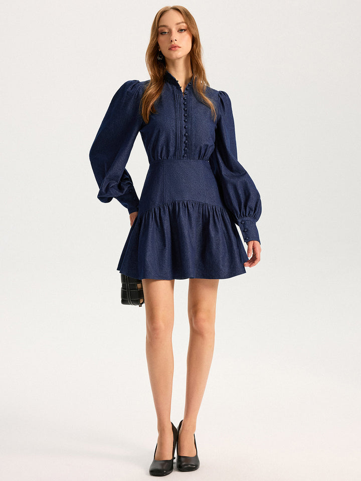 Denim Stand Collar Puff Sleeve Mini Dress  Liora Lane Boutique Dresses