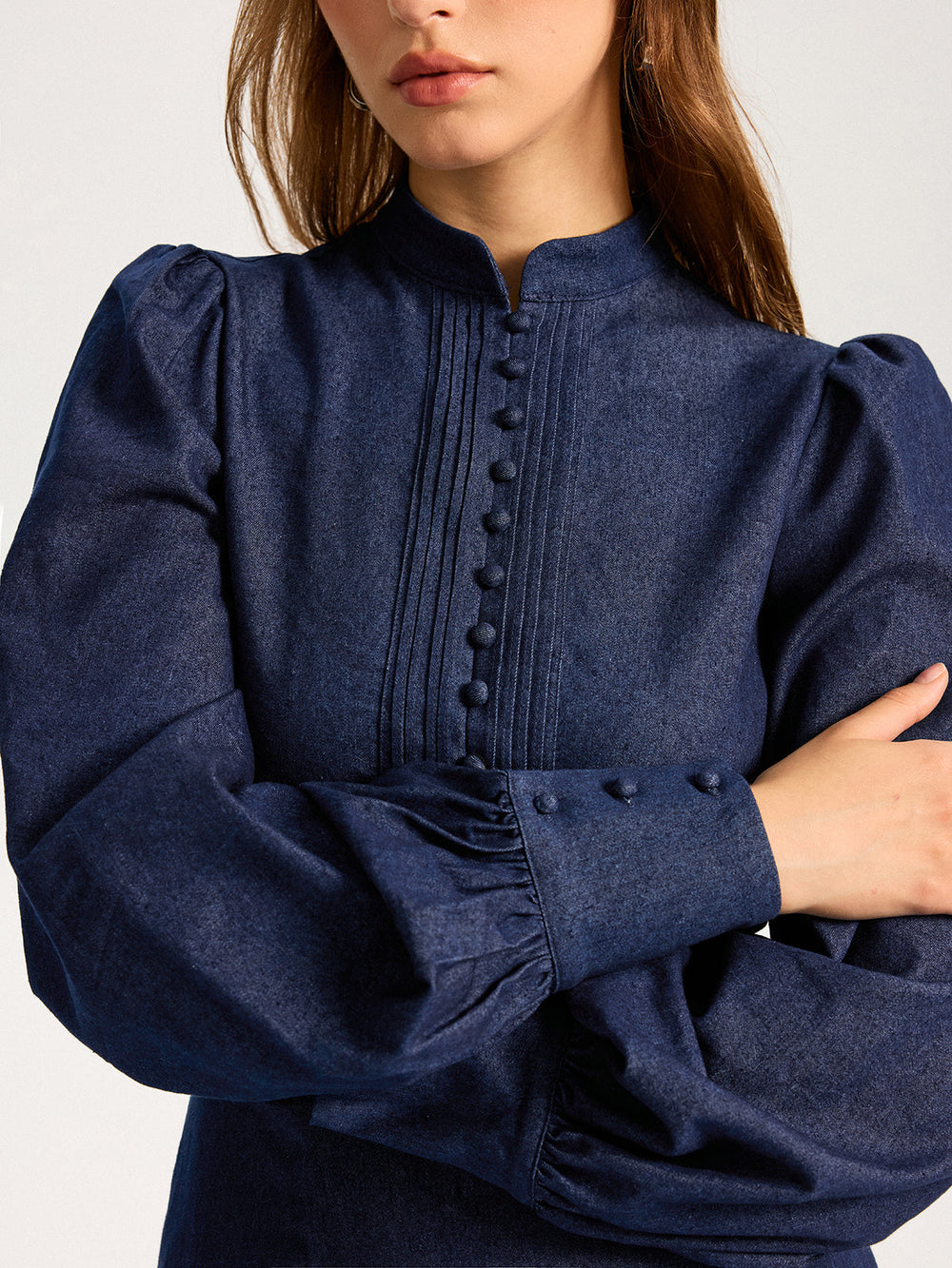 Denim Stand Collar Puff Sleeve Mini Dress  Liora Lane Boutique Dresses