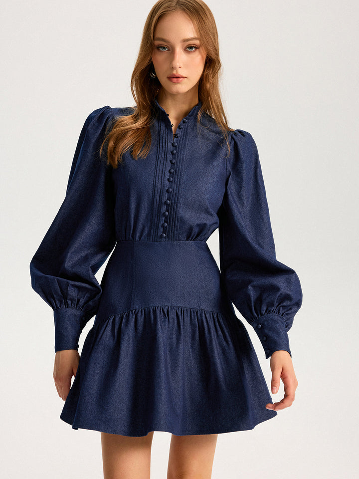 Denim Stand Collar Puff Sleeve Mini Dress  Liora Lane Boutique Dresses
