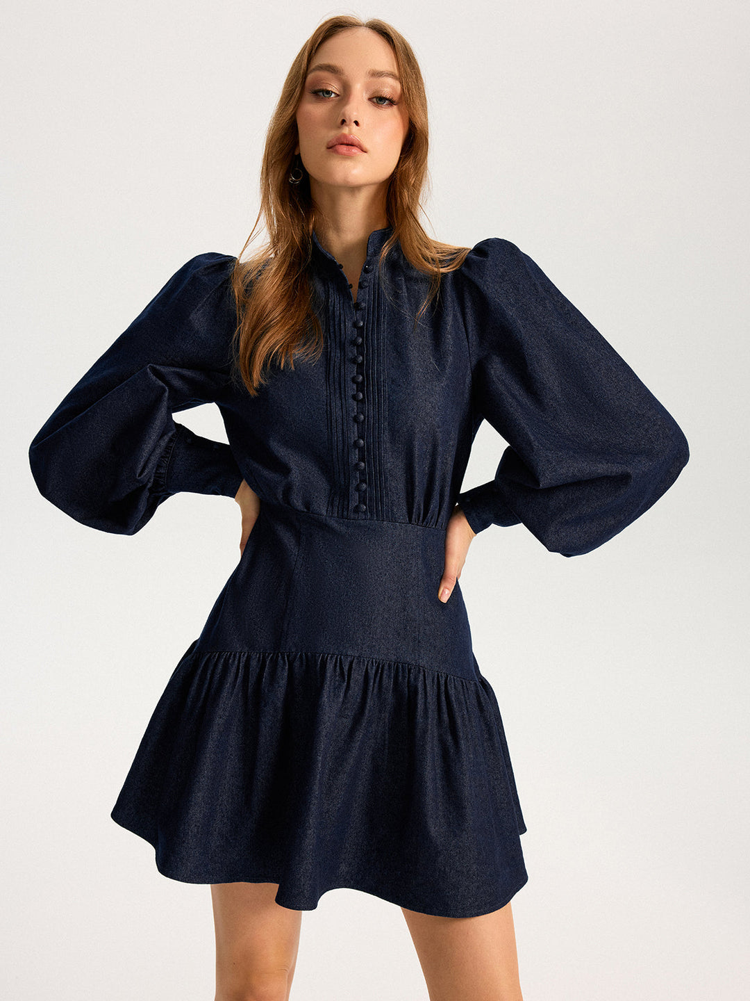Denim Stand Collar Puff Sleeve Mini Dress  Liora Lane Boutique Dresses Dark Navy / XL 84.99
