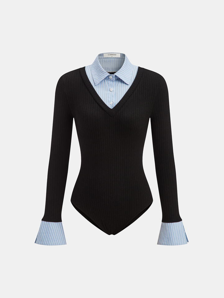 2 in 1 Striped Shirt Panel Ribbed Bodysuit  Liora Lane Boutique T-Shirts Black / XL 48.00