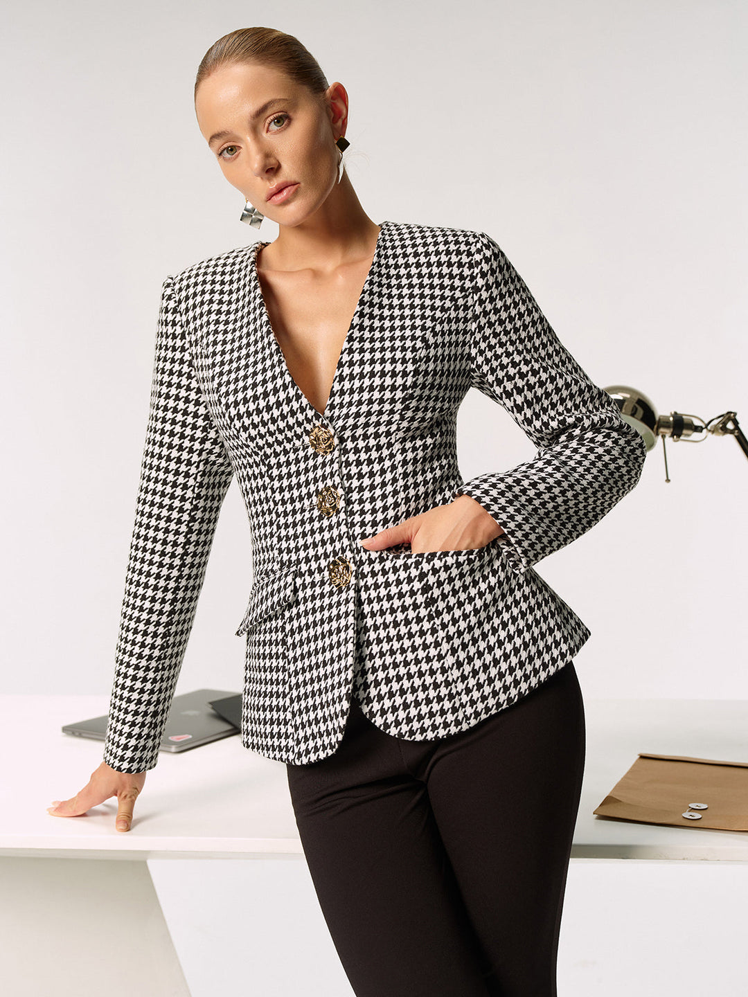 Metal Button Houndstooth Blazer  Liora Lane Boutique Blazers