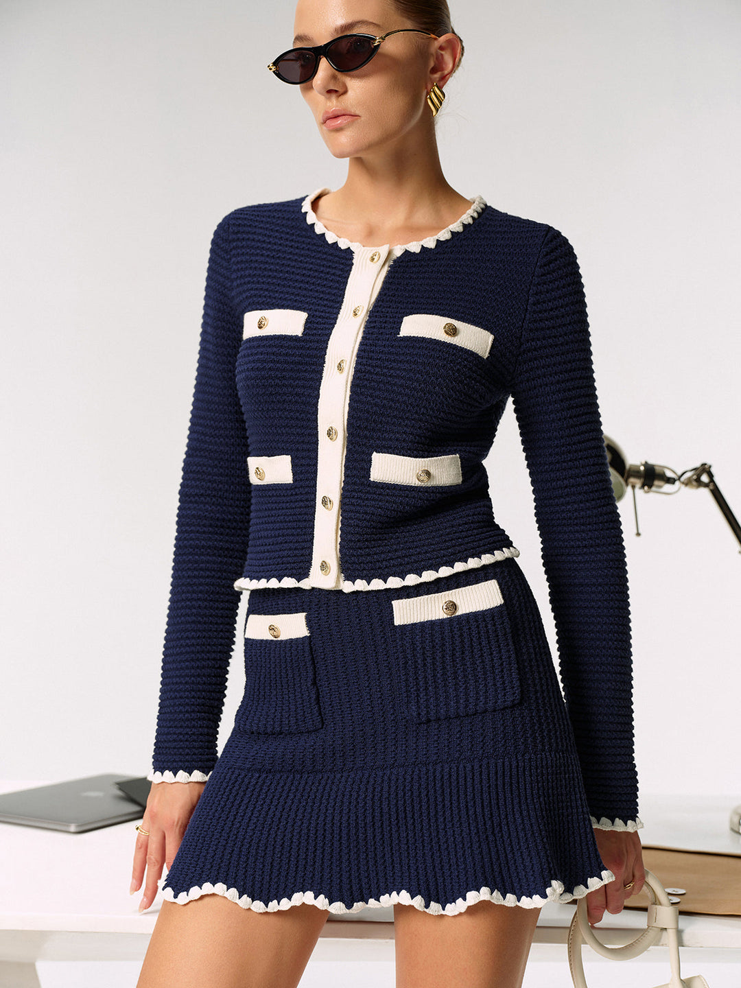 Contrast Scalloped Trim Metal Button Cardigan  Liora Lane Boutique Cardigans