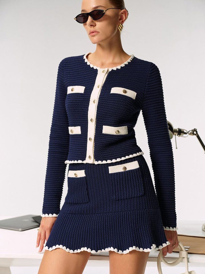 Contrast Scalloped Trim Metal Button Cardigan  Liora Lane Boutique Cardigans