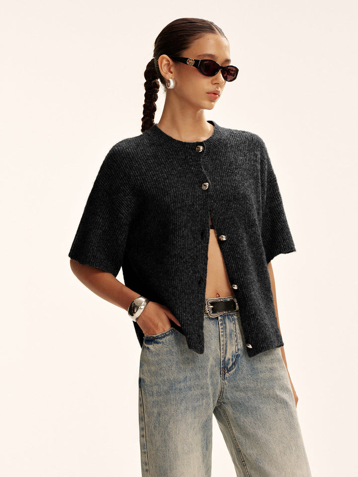 Wool-Blend Short-Sleeved Cardigan  Liora Lane Boutique Cardigans Black / XL 42.00
