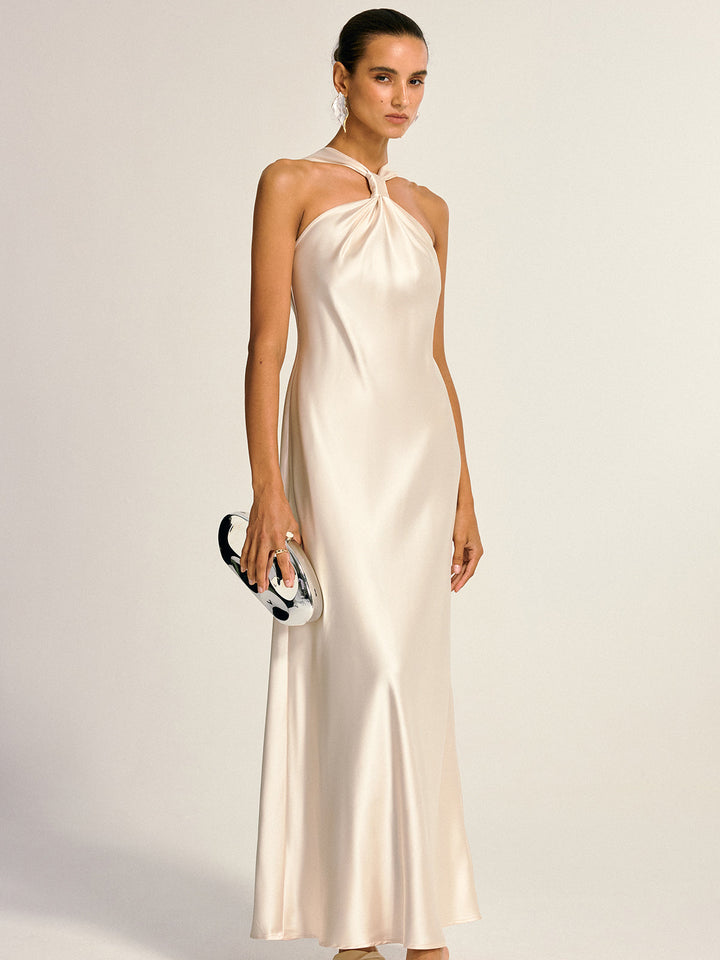 Satin Halter Neck Slit Back Maxi Dress  Liora Lane Boutique Dresses Off-White / XL 39.00