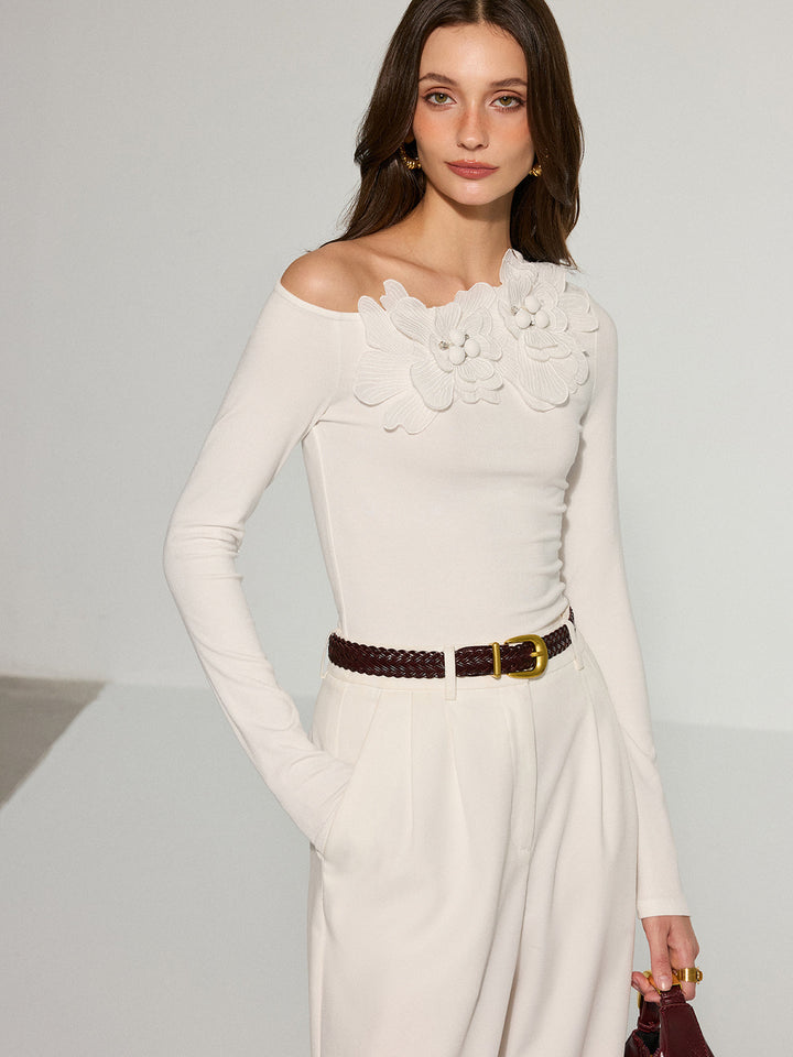 Off-Shoulder 3D Floral Embellished T-Shirt  Liora Lane Boutique T-Shirts