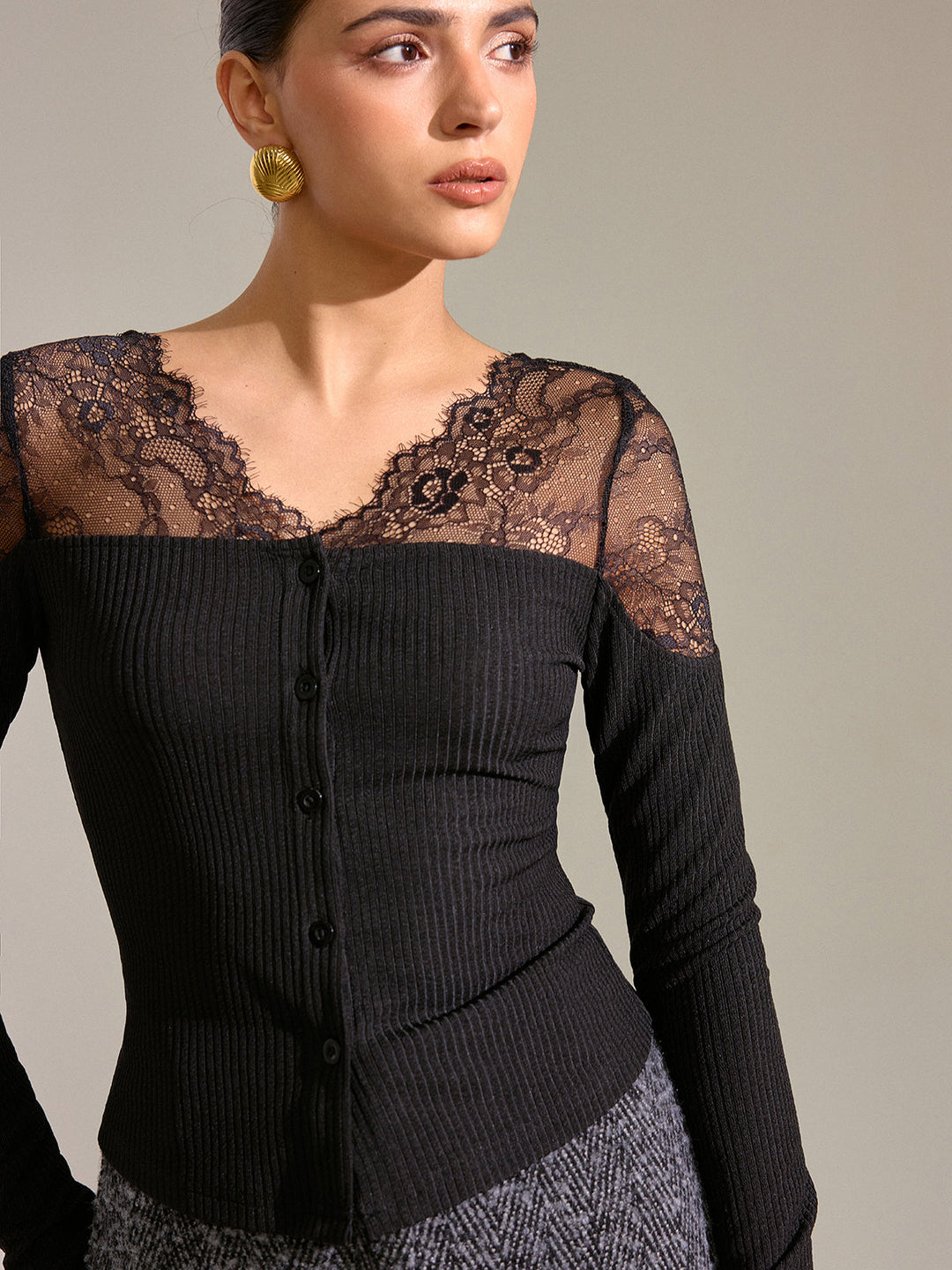 Lace Panel Ribbed Knit T-Shirt  Liora Lane Boutique T-Shirts