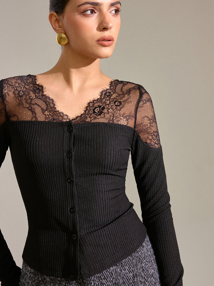 Lace Panel Ribbed Knit T-Shirt  Liora Lane Boutique T-Shirts