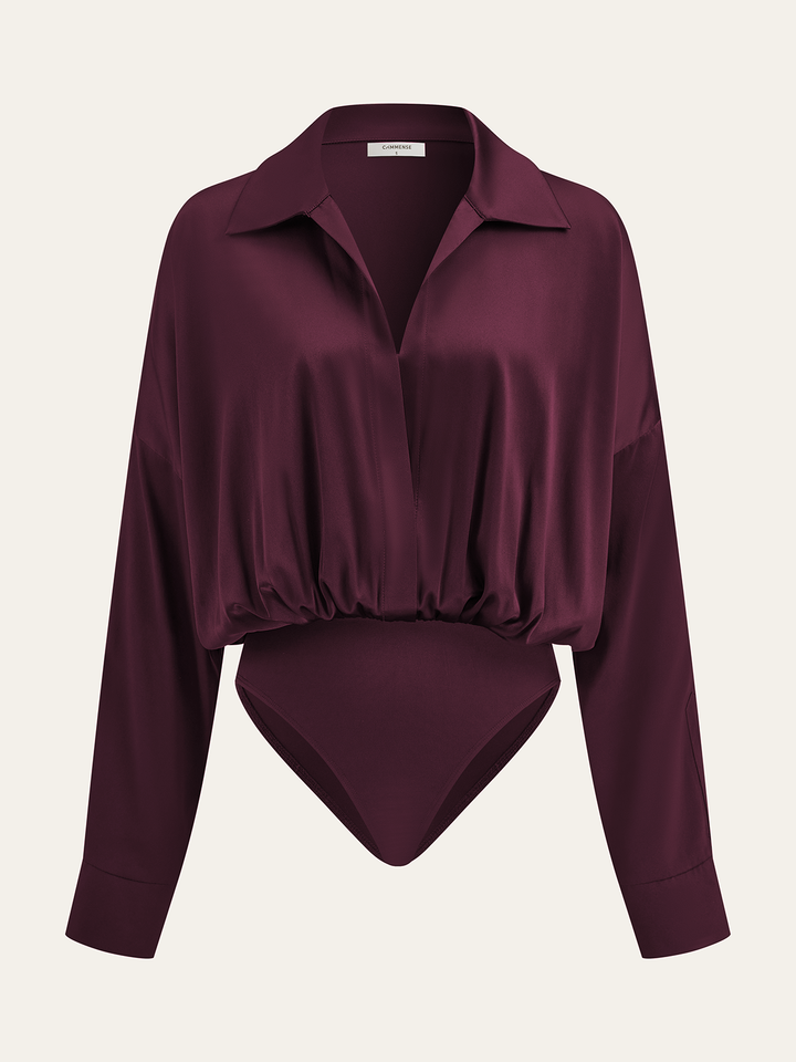 Satin Collared Long Sleeve Bodysuit  Liora Lane Boutique Bodysuits Burgundy / XL 35.00
