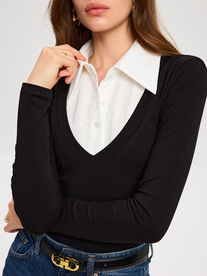 High-Stretch Contrast Shirt Collar Knit Bodysuit  Liora Lane Boutique Bodysuits