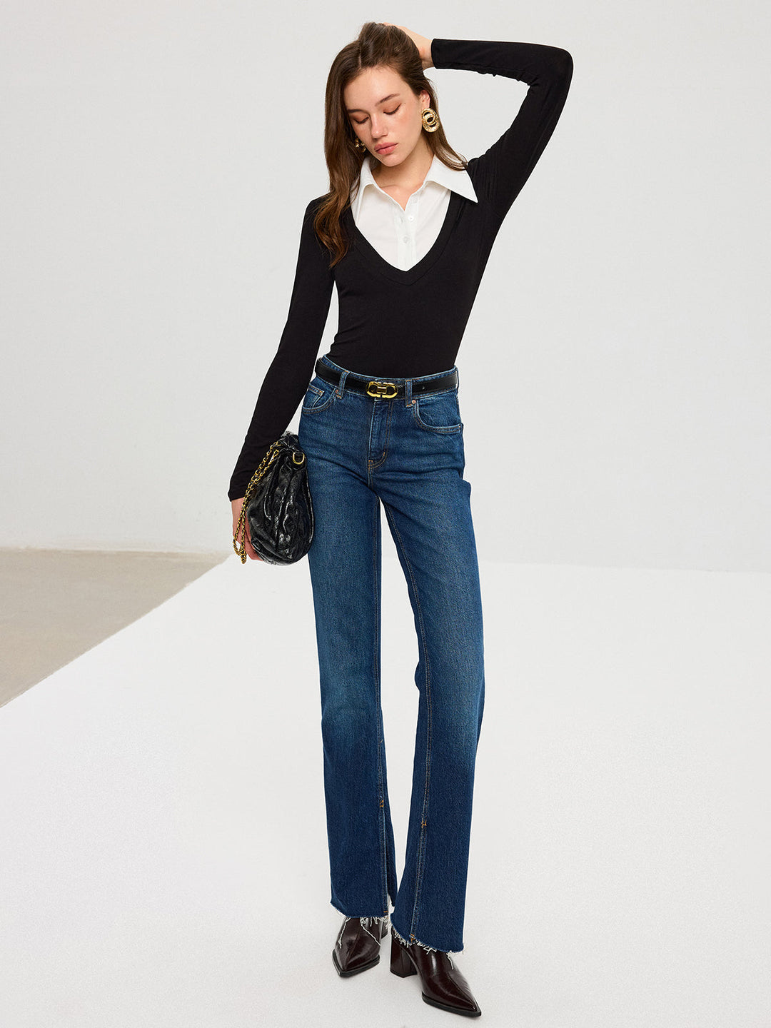 High-Stretch Contrast Shirt Collar Knit Bodysuit  Liora Lane Boutique Bodysuits