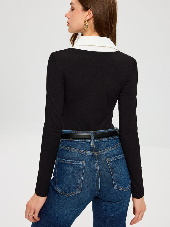High-Stretch Contrast Shirt Collar Knit Bodysuit  Liora Lane Boutique Bodysuits