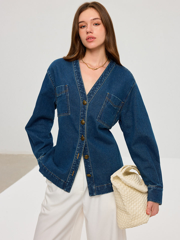 Denim V-Neck Button-Front Jacket  Liora Lane Boutique Denim Jackets & Coats Blue / XL 69.00