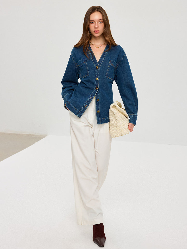 Denim V-Neck Button-Front Jacket  Liora Lane Boutique Denim Jackets & Coats