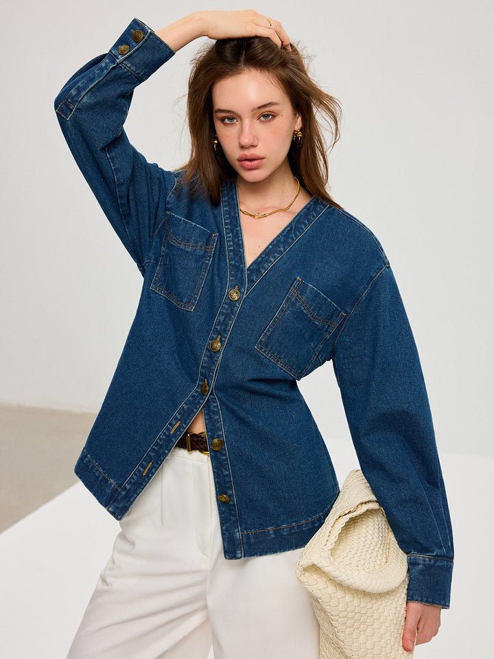 Denim V-Neck Button-Front Jacket  Liora Lane Boutique Denim Jackets & Coats