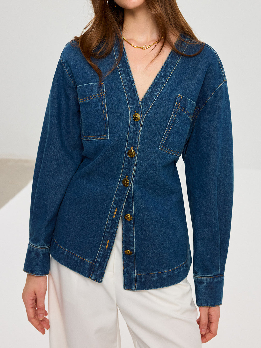 Denim V-Neck Button-Front Jacket  Liora Lane Boutique Denim Jackets & Coats