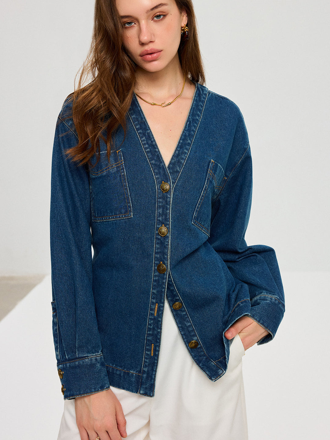 Denim V-Neck Button-Front Jacket  Liora Lane Boutique Denim Jackets & Coats