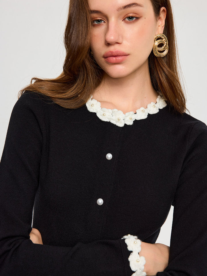3D Floral Trim Pearl Button Cardigan  Liora Lane Boutique Cardigans