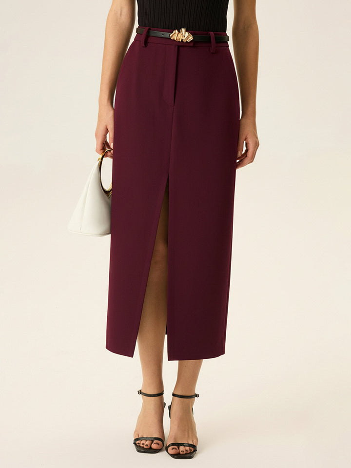 Belted Pocket Slit Midi Skirt  Liora Lane Boutique Skirts Burgundy / XL 55.00