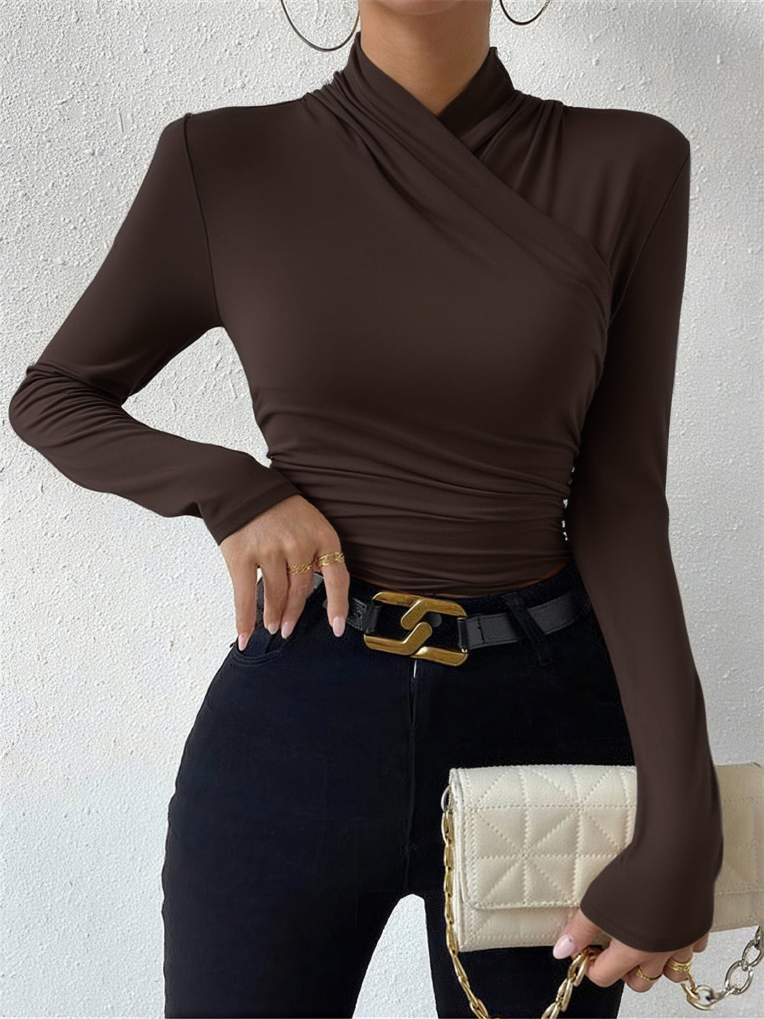 Cross-Over Collar Pleated Cinched T-Shirt  Liora Lane Boutique T-Shirts Dark Brown / XL 29.00