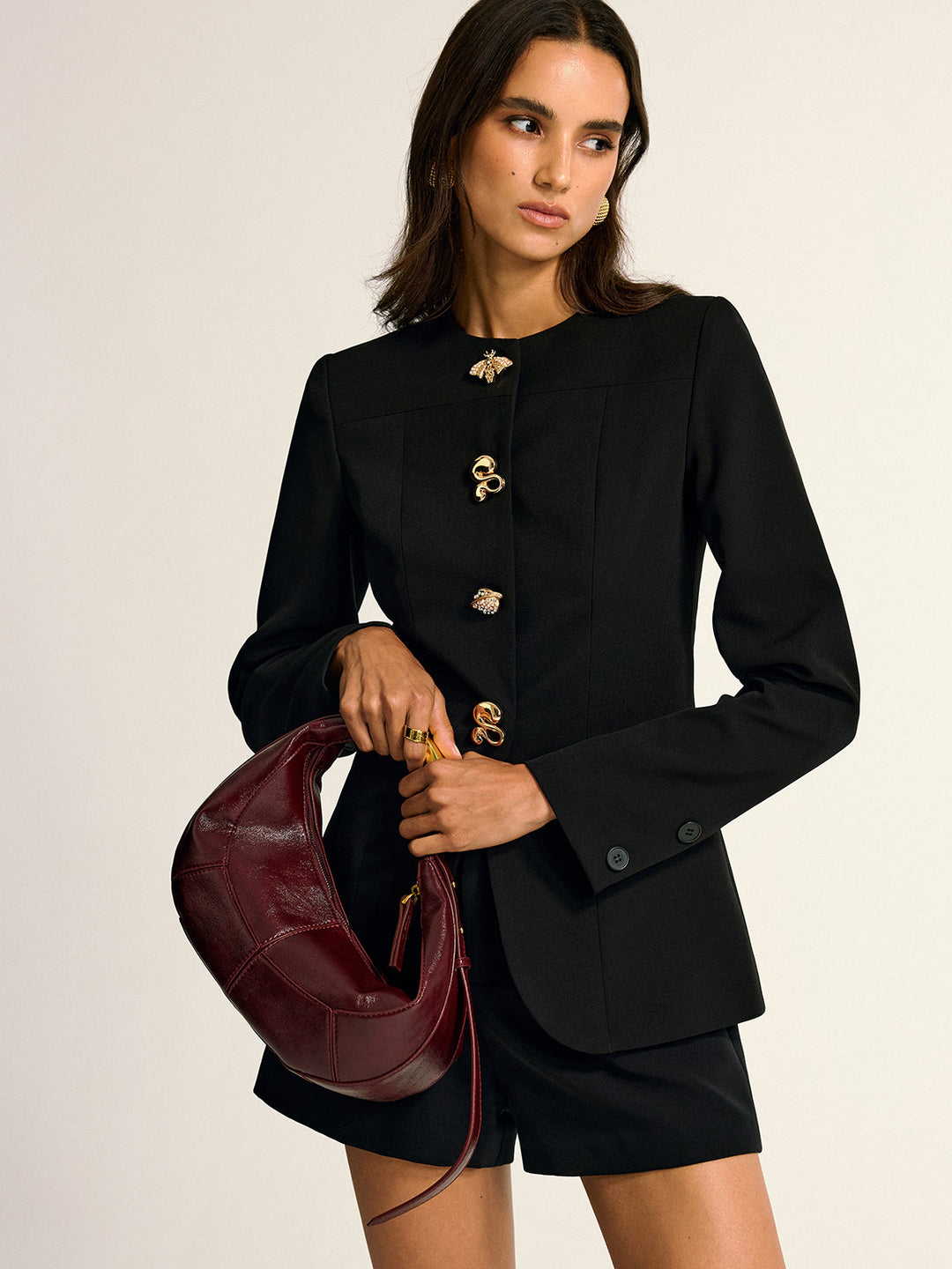 Metal Detail Crew Neck Blazer  Liora Lane Boutique Blazers