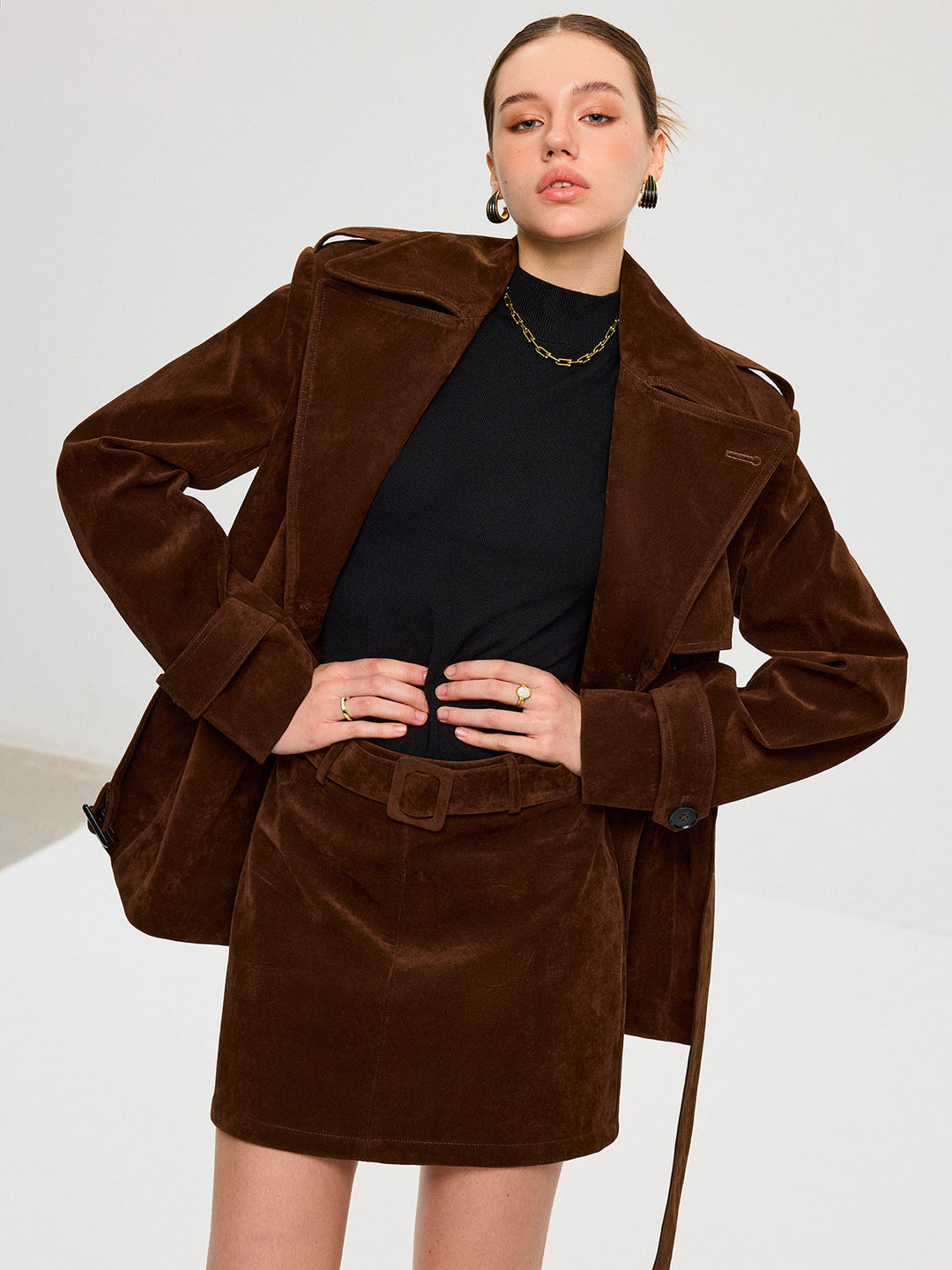 Belted Suede Trench Coat  Liora Lane Boutique Trench Coats Dark Brown / XL 118.00