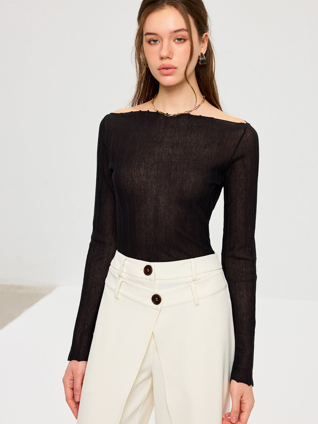 Off-Shoulder Sheer Knit Top  Liora Lane Boutique T-Shirts