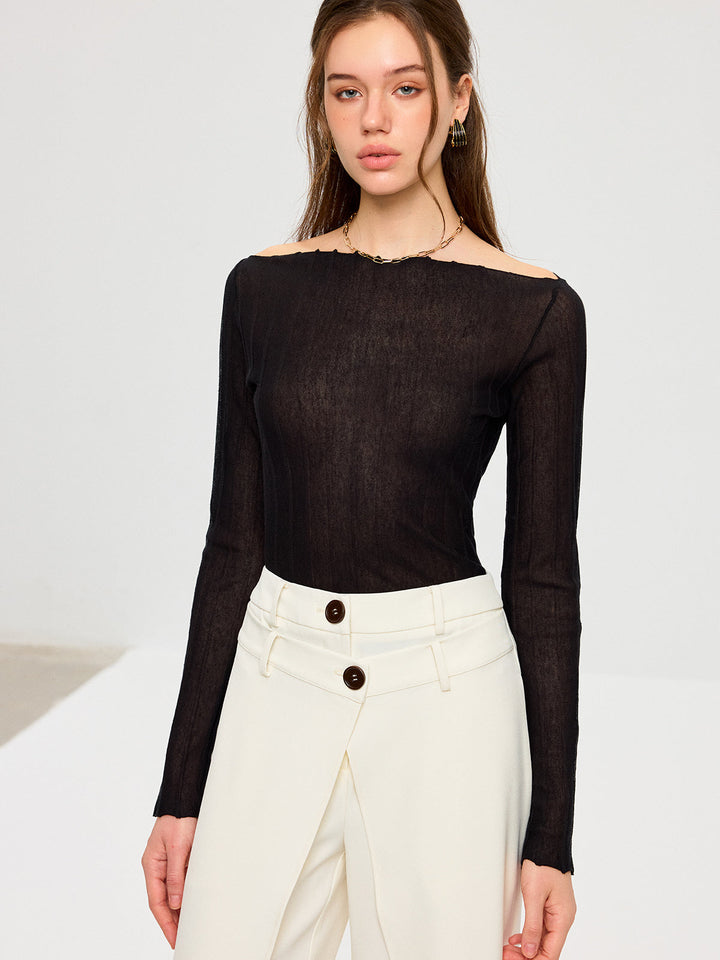 Off-Shoulder Sheer Knit Top  Liora Lane Boutique T-Shirts