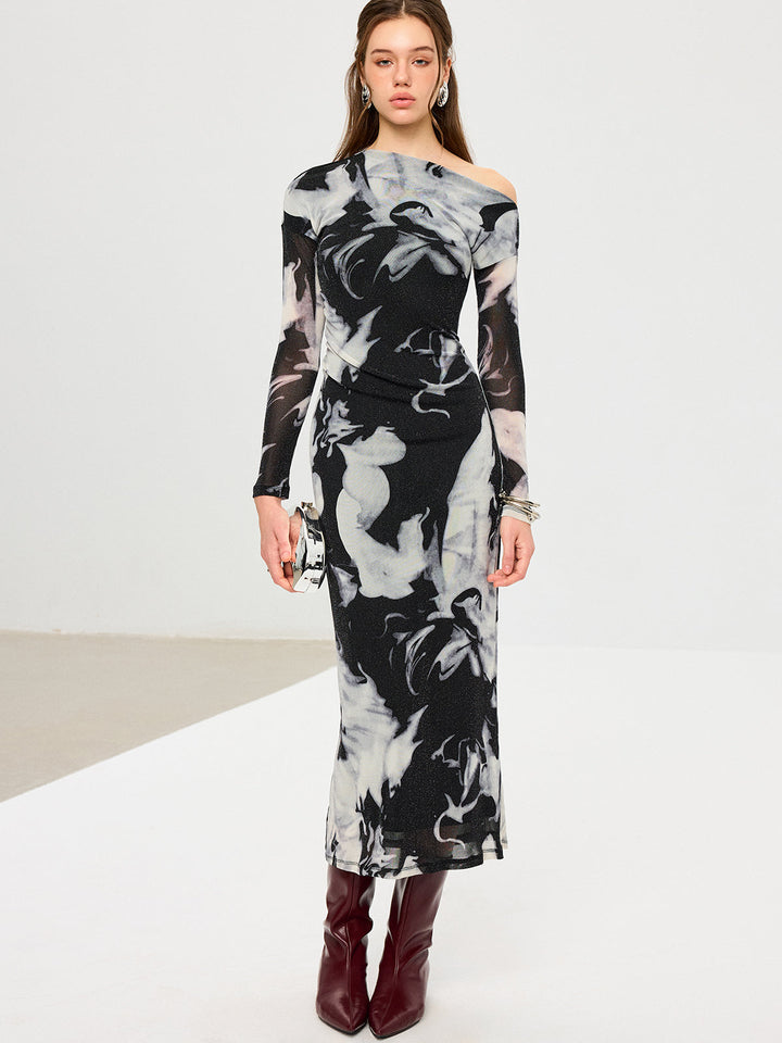 Abstract Print Mesh One-Shoulder Maxi Dress  Liora Lane Boutique Dresses