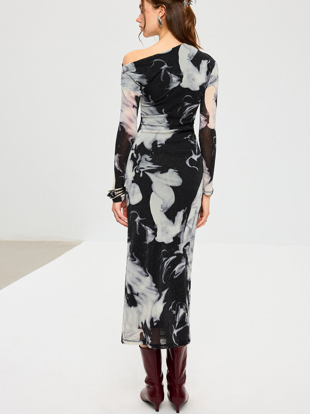 Abstract Print Mesh One-Shoulder Maxi Dress  Liora Lane Boutique Dresses