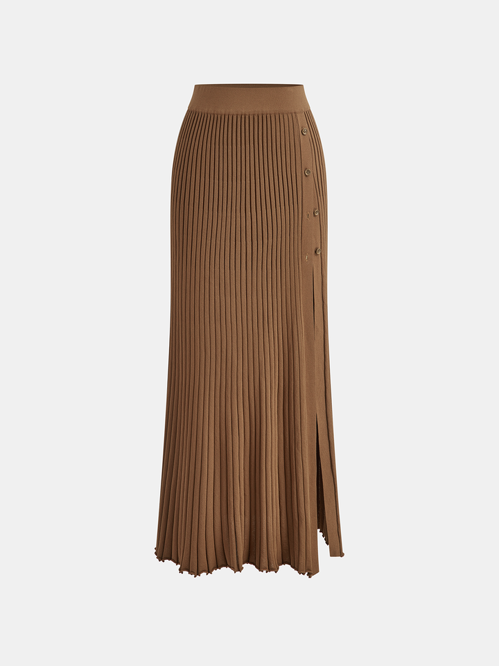 Ribbed Side Slit Button Detail Midi Skirt  Liora Lane Boutique Sweater Skirts Camel / XL 68.00