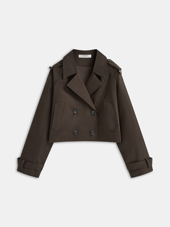 Double-Button Cropped Trench Coat  Liora Lane Boutique Trench Coats Dark Brown / XL 64.00
