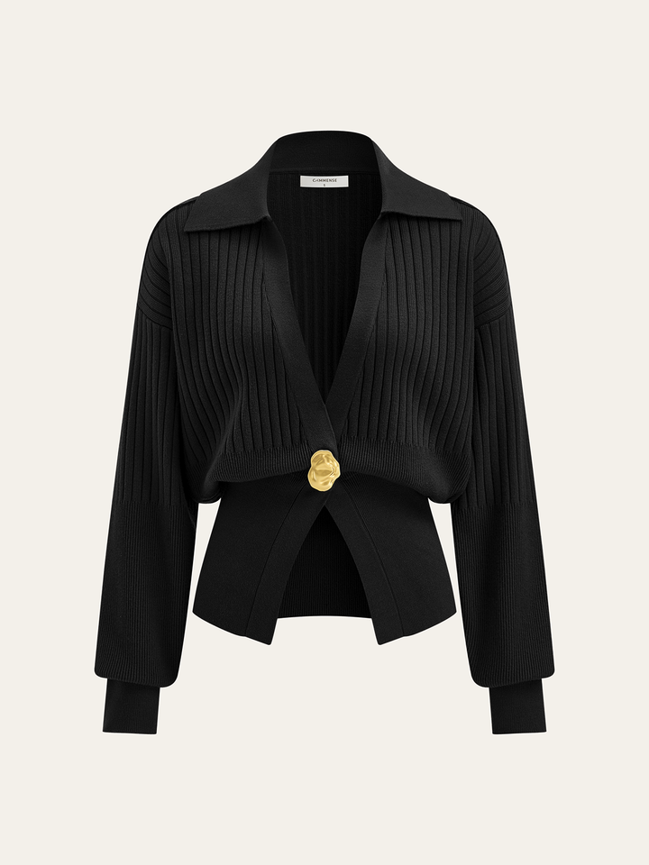 Ribbed Collared Metal Button Cardigan  Liora Lane Boutique Cardigans Black / XL 58.00