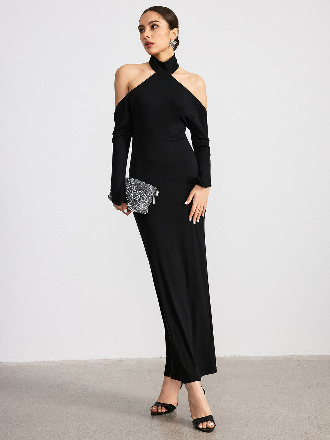 Halter Neck Backless Long Sleeve Knit Maxi Dress  Liora Lane Boutique Dresses