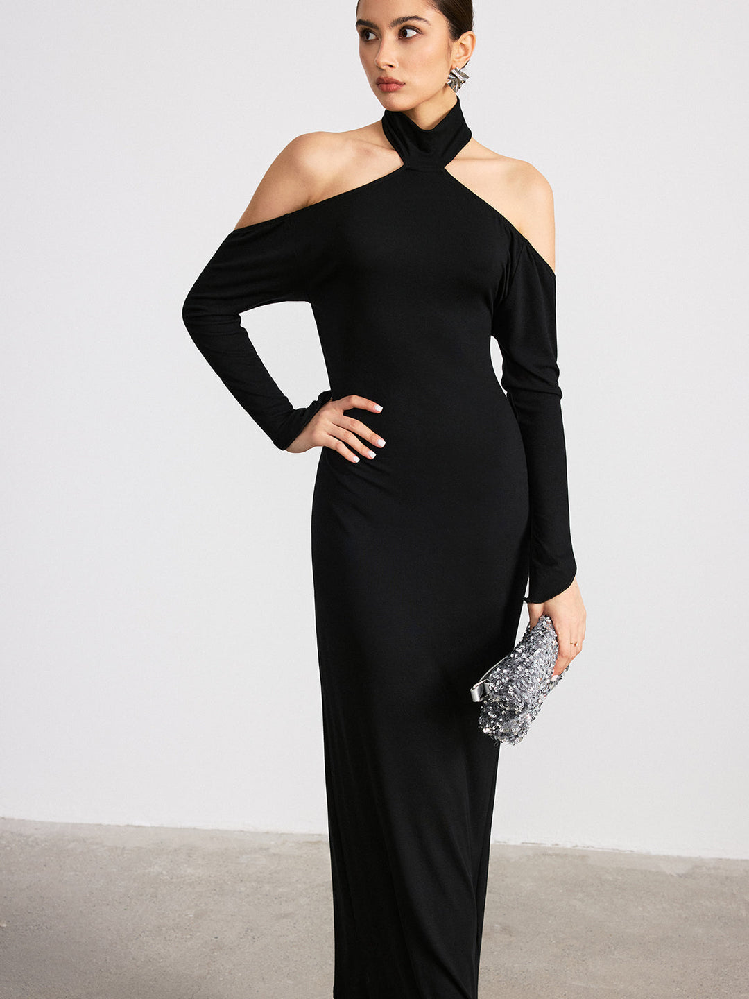 Halter Neck Backless Long Sleeve Knit Maxi Dress  Liora Lane Boutique Dresses