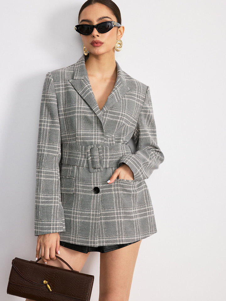 Plaid Cotton Blend Blazer with Wide Belt  Liora Lane Boutique Blazers Grey / XL 195.00