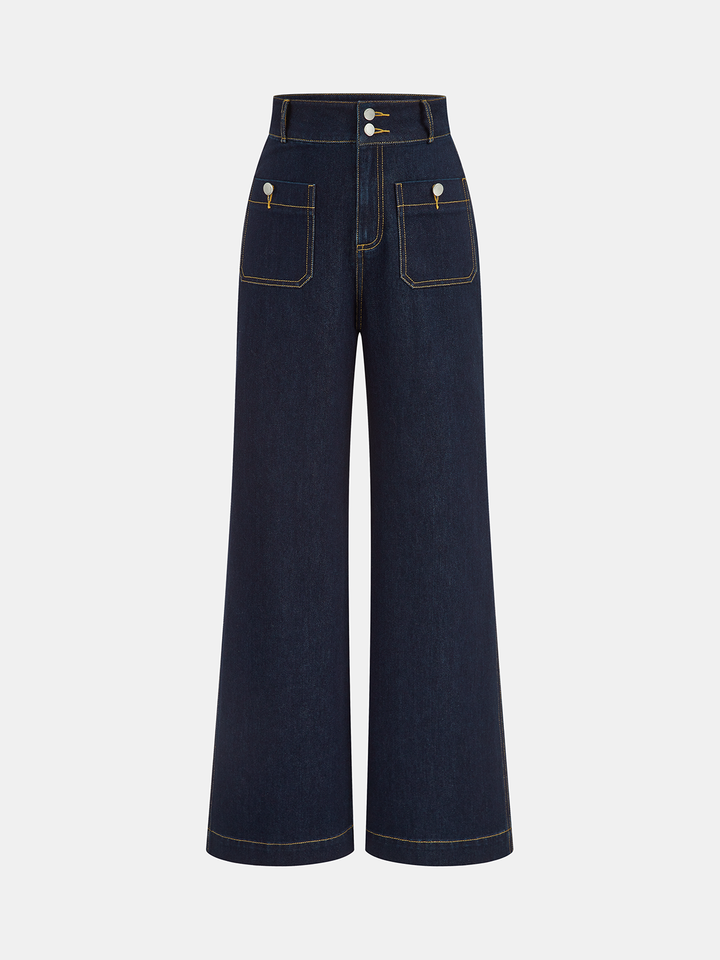 High-Waisted Double-Button Straight-Leg Denim Pants  Liora Lane Boutique Jeans Navy / XL 59.00