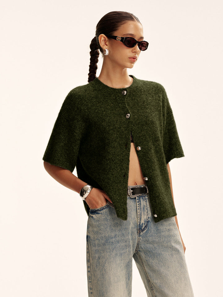 Wool-Blend Short-Sleeved Cardigan  Liora Lane Boutique Cardigans Dark Green / XL 42.00
