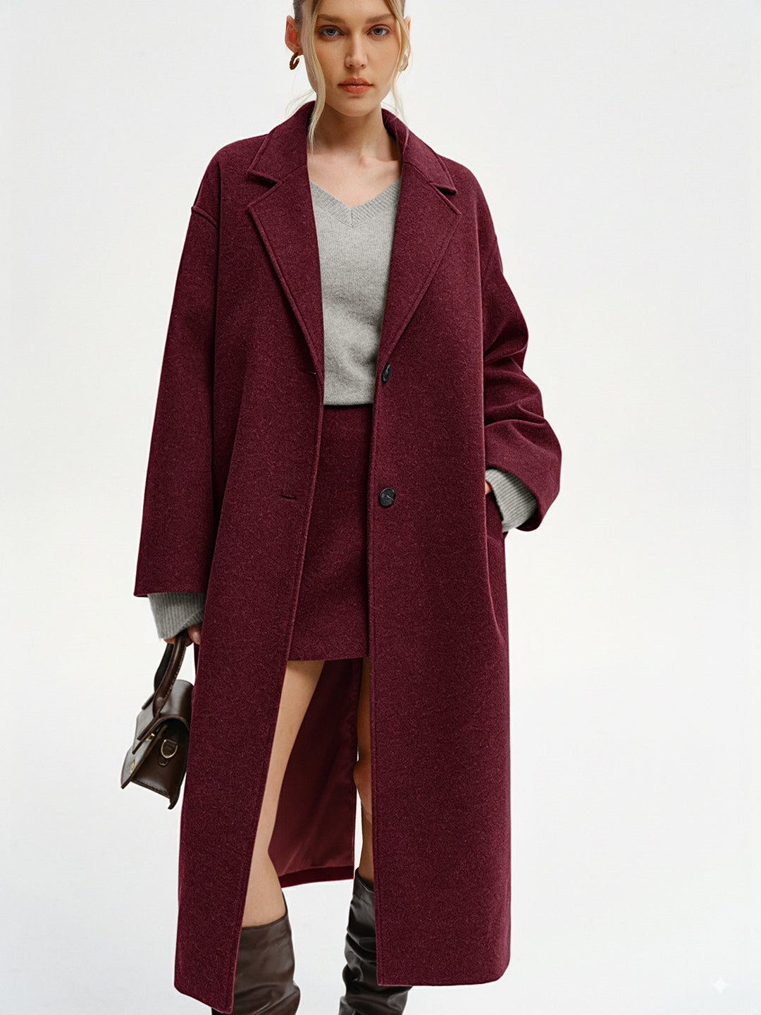 Oversized Tweed Long Coat  Liora Lane Boutique Wool Coats Burgundy / XL 96.00