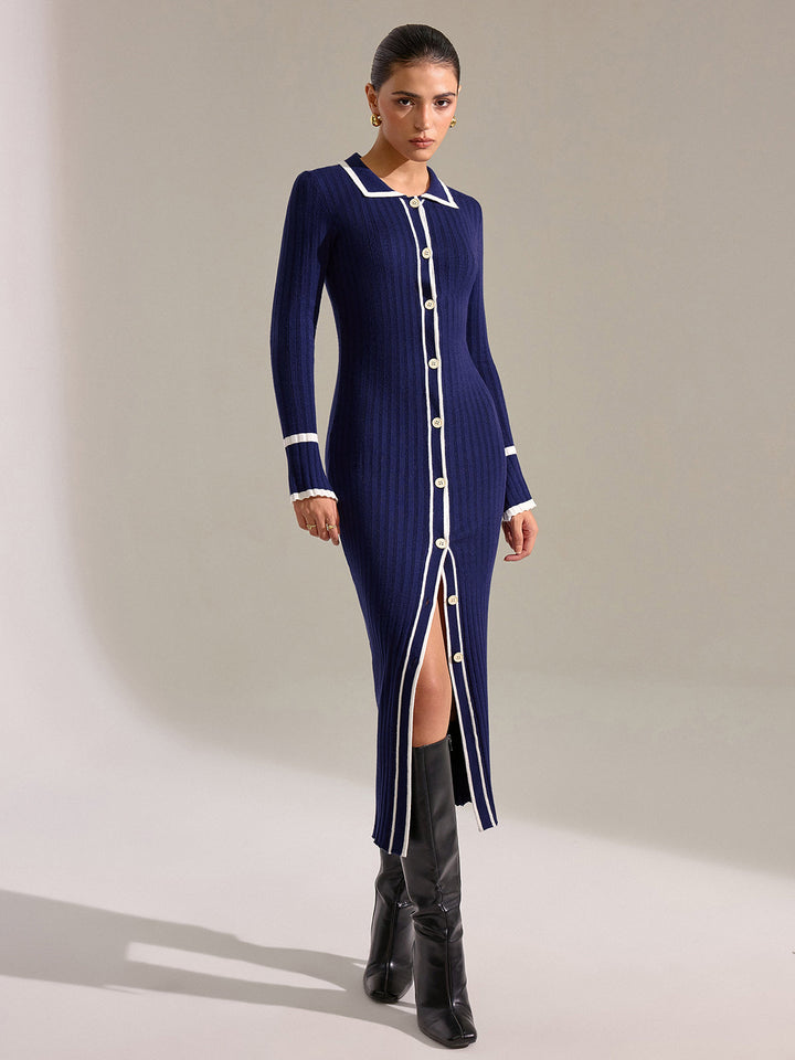 Contrast Trim Button Front Slim Fit Midi Dress  Liora Lane Boutique Sweater Dresses