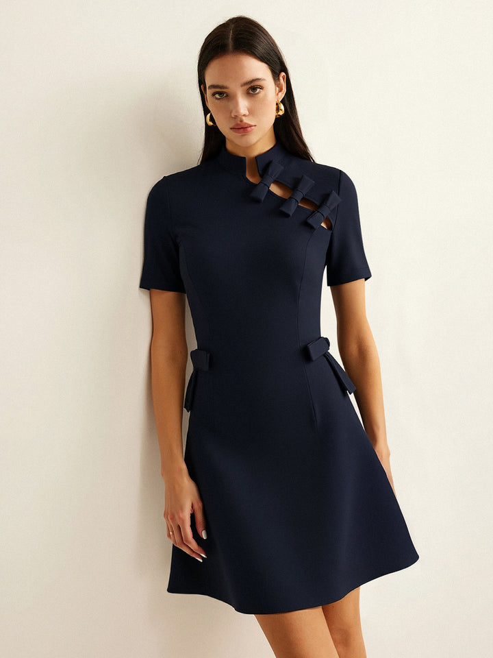 Bow Cut-Out Stand Collar Short Sleeve Dress  Liora Lane Boutique Dresses Navy / XL 39.00