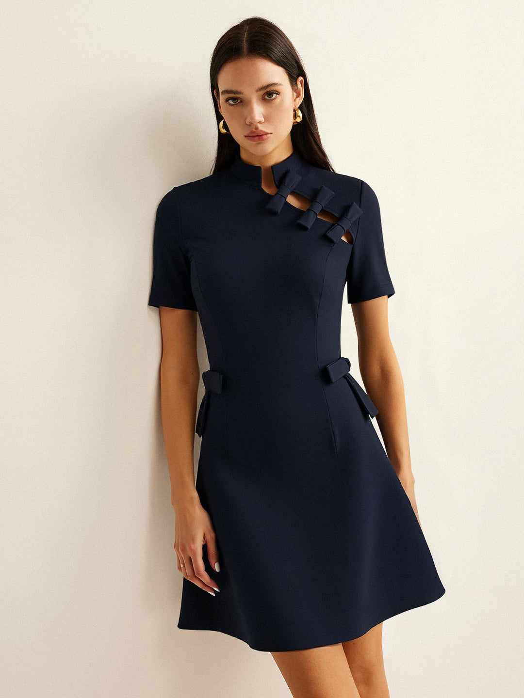 Bow Cut-Out Stand Collar Short Sleeve Dress  Liora Lane Boutique Dresses Navy / XL 84.99