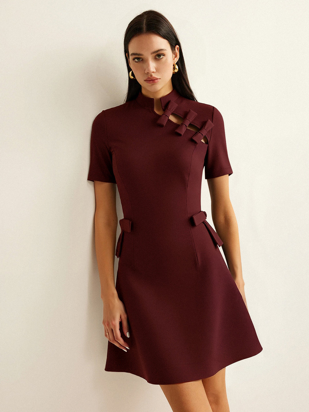 Bow Cut-Out Stand Collar Short Sleeve Dress  Liora Lane Boutique Dresses Burgundy / XL 84.99
