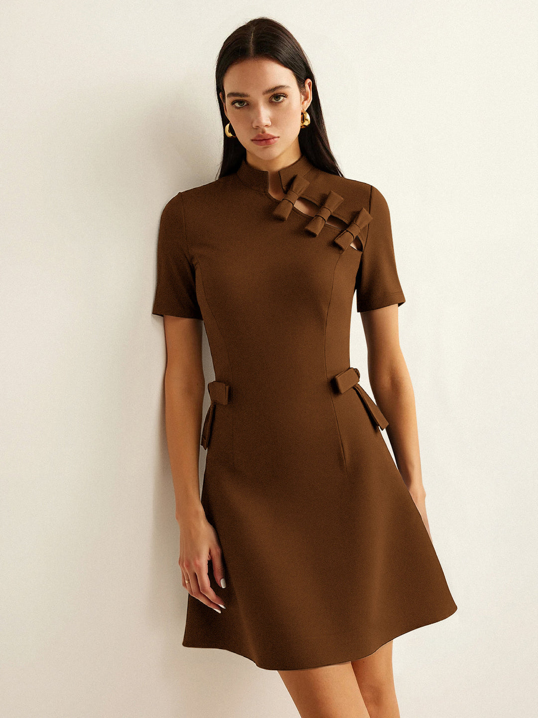 Bow Cut-Out Stand Collar Short Sleeve Dress  Liora Lane Boutique Dresses Brown / XL 84.99
