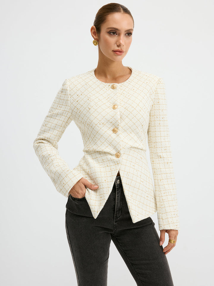 Tweed Round Neck Waist-Cinching Blazer  Liora Lane Boutique Blazers