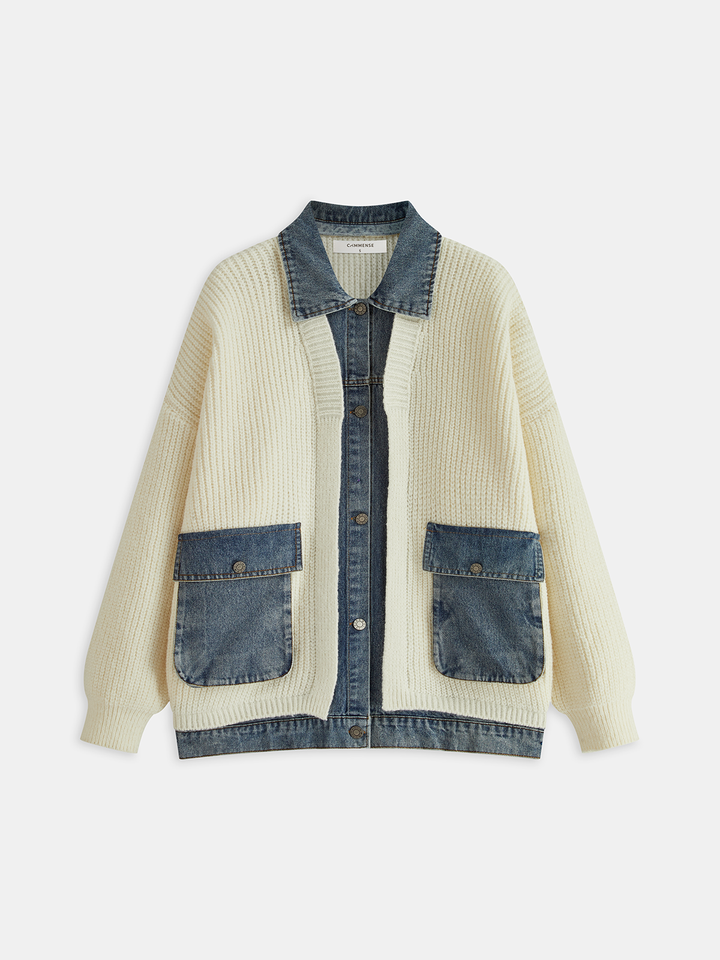 2 in 1 Denim Paneled Cardigan  Liora Lane Boutique Cardigans Off-White / L 104.00