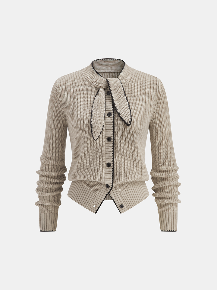 Tie Neck Contrast Trim Wool Blend Cardigan  Liora Lane Boutique Cardigans Khaki / XL 49.00